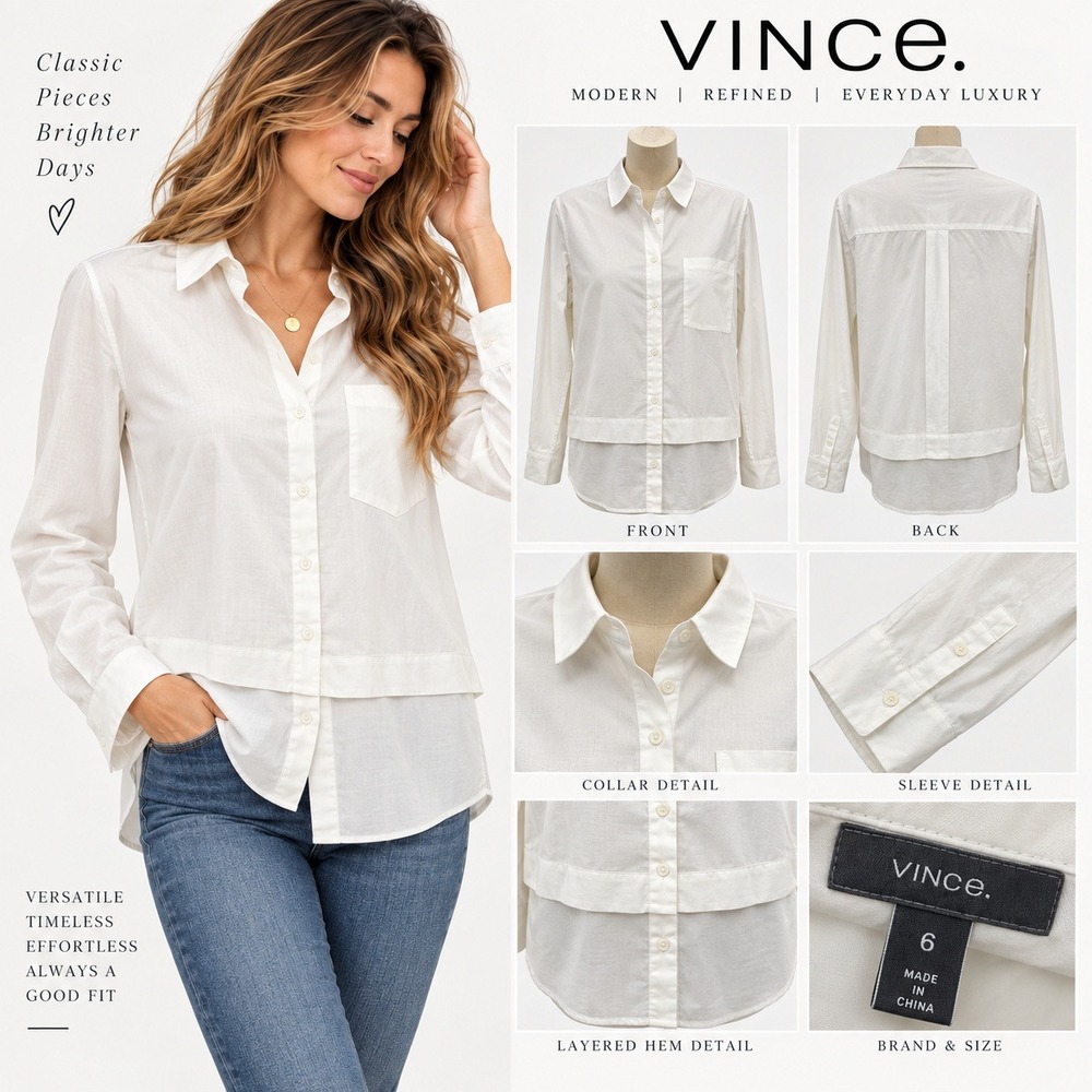 Vince Ivory Layered Hem Button Down Shirt Long Sleeve Collared Blouse Size 6
